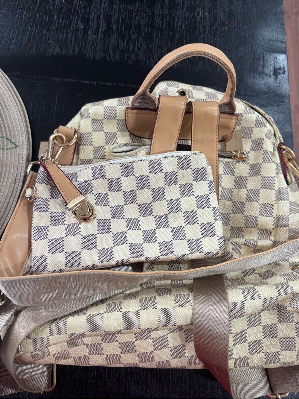 Beige Check Canvas Backpack with Matching Pouch